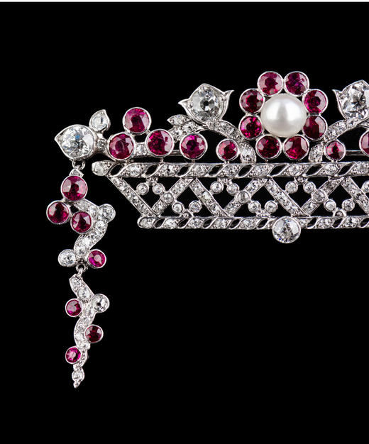 独角鹿西洋古董珠宝首饰Janesich铂金镶珍珠钻石红宝石花篮胸针 商品图3