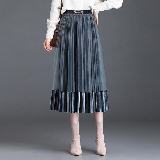 秋冬新款高腰网纱拼接丝绒半身裙百褶裙MYX-9800 商品图7