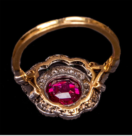 独角鹿西洋古董首饰女戒爱德华黄金铂金镶嵌缅甸红宝石钻石戒指 商品图1