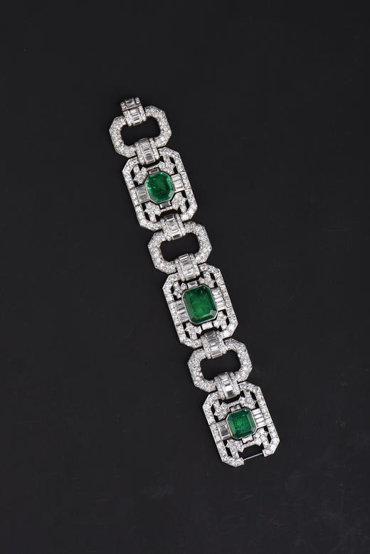 独角鹿西洋古董Mauboussin铂金镶嵌哥伦比亚祖母绿钻石宽手链手镯 商品图1