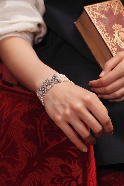 独角鹿西洋古董珠宝法国美好时代铂金镶嵌钻石六股天然珍珠手链 商品图3