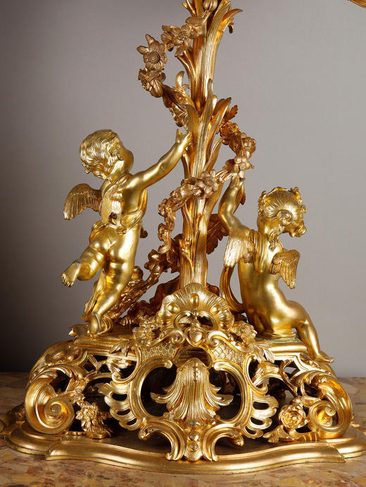 独角鹿西洋古董爱神丘比特与普绪克主题铜鎏金精雕多枝头烛台一对 商品图4