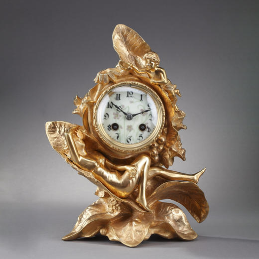 独角鹿西洋古董A.D. Mougin新艺术风铜鎏金底座圆形珐琅表盘座钟 商品图0