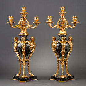 独角鹿西洋古董路易十五风大理石修小天使主题铜鎏金雕像烛台一对