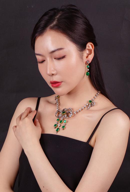 独角鹿西洋古董珠宝套装黄金底纯银镶嵌钻石祖母绿项链胸针耳坠 商品图1