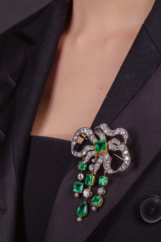 独角鹿西洋古董珠宝套装黄金底纯银镶嵌钻石祖母绿项链胸针耳坠 商品图3