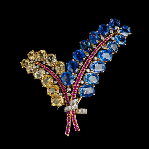 独角鹿西洋古董Mauboussin联名18K金镶蓝宝石红宝石钻石花束胸针 商品图4