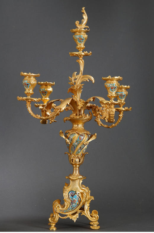 独角鹿西洋古董摆件洛可可风格铜鎏金雕饰珐琅座钟烛台三件套 商品图3