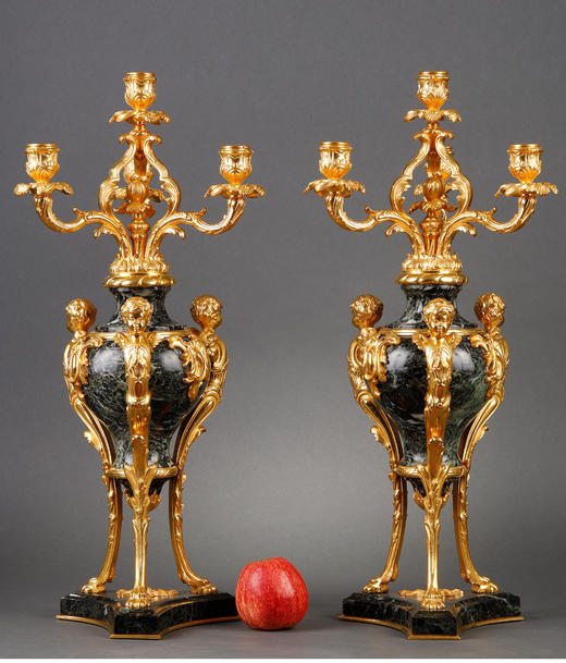 独角鹿西洋古董路易十五风大理石修小天使主题铜鎏金雕像烛台一对 商品图1