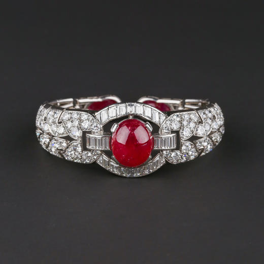 独角鹿西洋古董首饰珠宝1930年代欧洲铂金镶嵌红宝石手镯手链手饰 商品图0