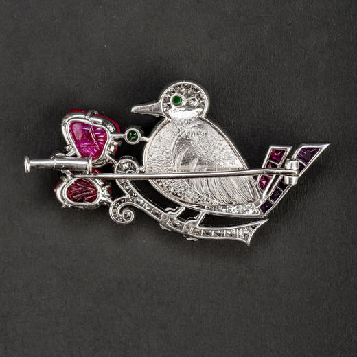 独角鹿西洋古董铂金镶嵌黑欧泊石红宝石祖母绿紫水晶钻石雀鸟胸针 商品图4