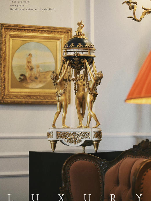 独角鹿西洋古董白色大理石铜鎏金美惠三女神托举水平旋转球形座钟 商品图1