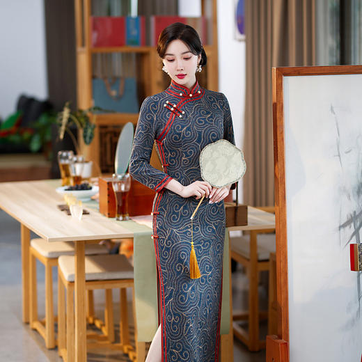 新款改良，复古修身显瘦祥云羊绒长款旗袍连衣裙礼服女GT-0771 商品图0