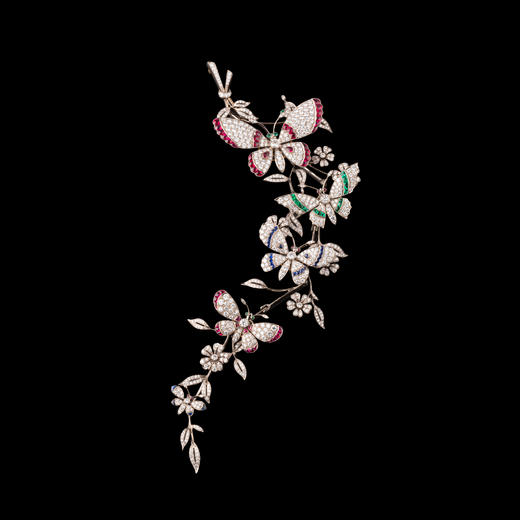 独角鹿西洋古董18K白金镶嵌红蓝宝石祖母绿钻石蝶恋花颤动式胸针 商品图0