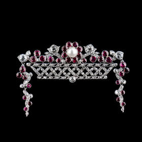 独角鹿西洋古董珠宝首饰Janesich铂金镶珍珠钻石红宝石花篮胸针