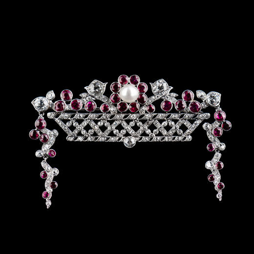 独角鹿西洋古董珠宝首饰Janesich铂金镶珍珠钻石红宝石花篮胸针 商品图0