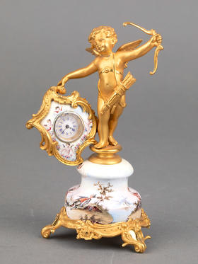 独角鹿西洋古董1900年代维也纳鎏金青铜手绘珐琅陶瓷小天使座钟