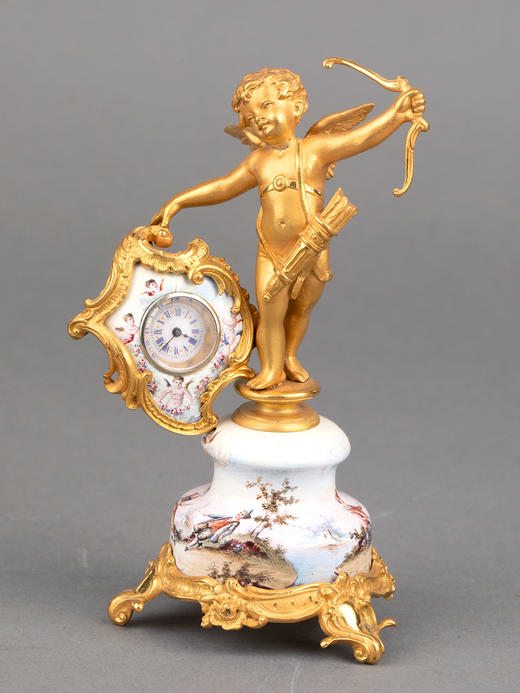 独角鹿西洋古董1900年代维也纳鎏金青铜手绘珐琅陶瓷小天使座钟 商品图0