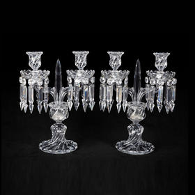 独角鹿西洋古董摆件法国巴卡拉Bamboo竹纹款两枝头水晶烛台一对