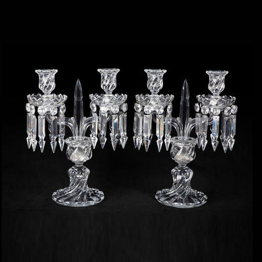 独角鹿西洋古董摆件法国巴卡拉Bamboo竹纹款两枝头水晶烛台一对 商品图0