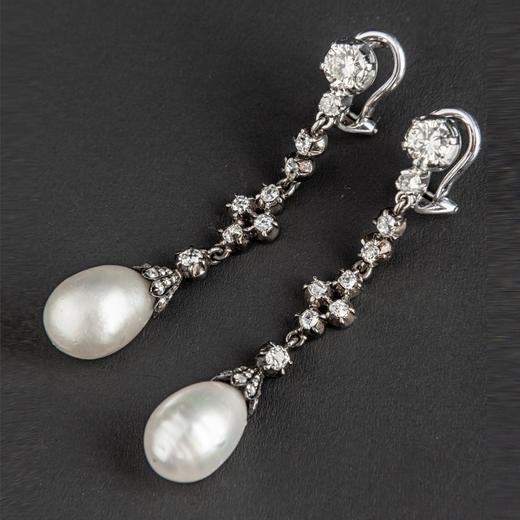 独角鹿西洋古董欧洲白金镶嵌水滴形天然海水野生珍珠耳坠耳环一对 商品图3