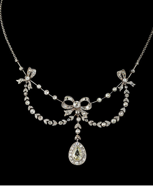 独角鹿西洋古董珠宝首饰美好时代铂金镶嵌钻石缎带蝴蝶结花环项链 商品图3