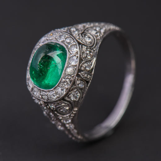 独角鹿西洋古董首饰珠宝欧洲铂金镶嵌钻石哥伦比亚祖母绿戒指 商品图1
