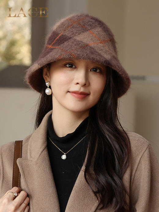 JYFS日系光身水桶帽子女秋冬羊毛渔夫帽提花纹针织盆帽英伦格子批发 商品图3