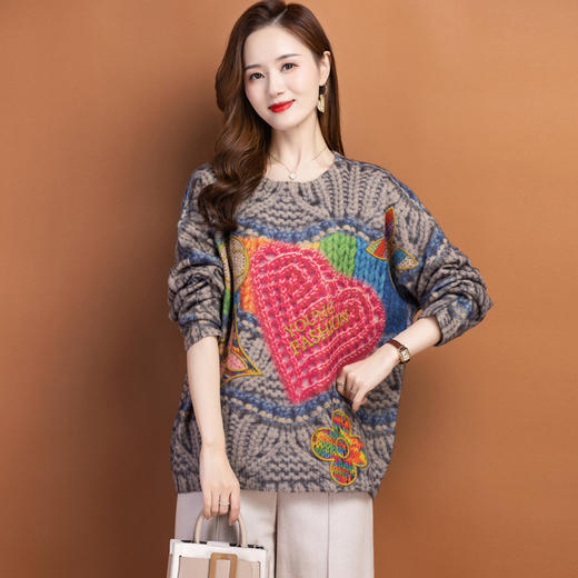 圆领小印花粗线毛衣加厚针织打底衫CC-22129 商品图1