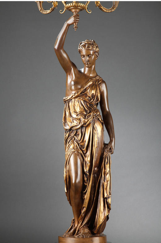 独角鹿西洋古董法国Barbedienne工坊大理石底座青铜雕塑烛台一对 商品图2