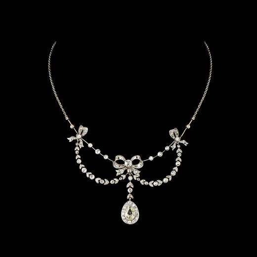 独角鹿西洋古董珠宝首饰美好时代铂金镶嵌钻石缎带蝴蝶结花环项链 商品图0