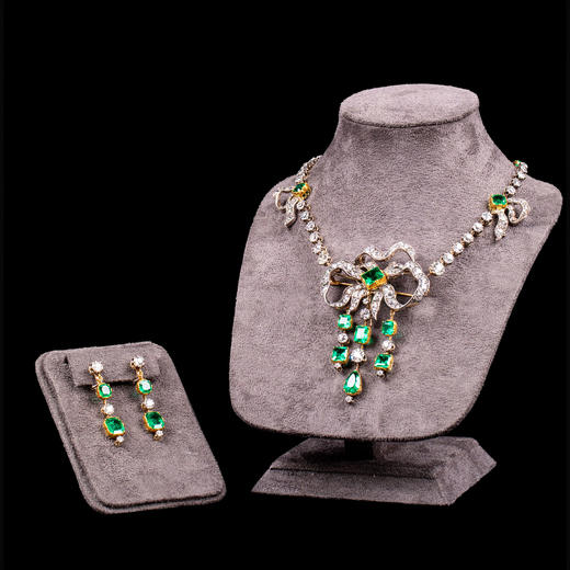 独角鹿西洋古董珠宝套装黄金底纯银镶嵌钻石祖母绿项链胸针耳坠 商品图0