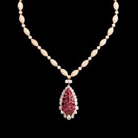 独角鹿西洋古董首饰珠宝法国18K金镶嵌钻石红宝石吊坠项链