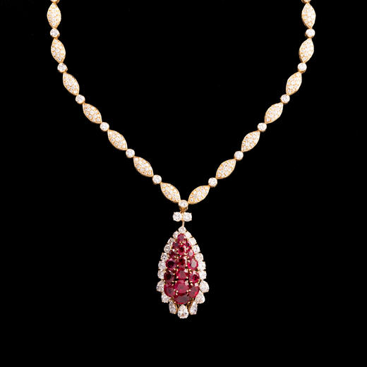 独角鹿西洋古董首饰珠宝法国18K金镶嵌钻石红宝石吊坠项链 商品图0