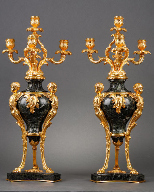 独角鹿西洋古董路易十五风大理石修小天使主题铜鎏金雕像烛台一对 商品图2