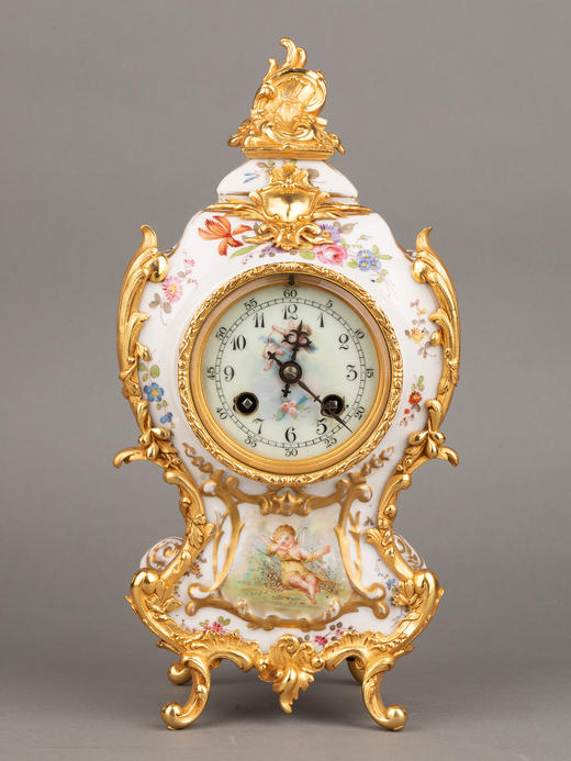 独角鹿西洋古董1900年代法国出品手绘丘比特陶瓷鎏金青铜陶瓷座钟 商品图0