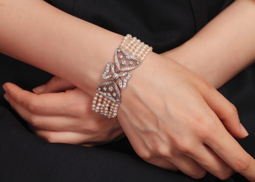 独角鹿西洋古董珠宝法国美好时代铂金镶嵌钻石六股天然珍珠手链 商品图1