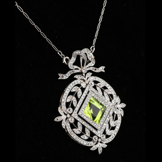 独角鹿西洋古董珠宝Fontenay美好时代风铂金镶钻石橄榄石吊坠项链 商品图2