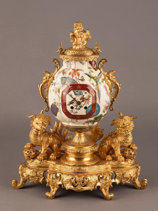 独角鹿西洋古董神兽造型铜鎏金嵌花鸟人物手绘陶瓷座钟烛台三件套 商品图2