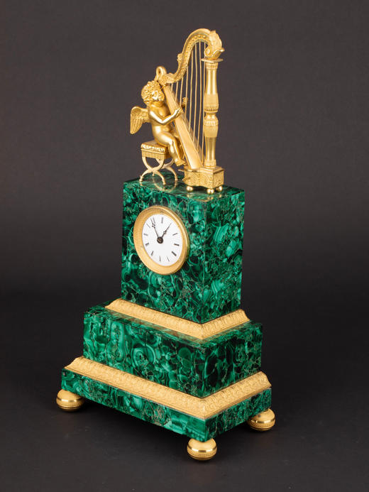 独角鹿西洋古董法国孔雀石花卉底座小天使弹竖琴鎏金曼特尔座钟 商品图4