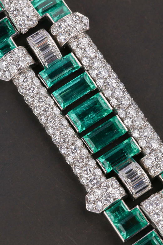 独角鹿西洋古董首饰珠宝法国铂金镶嵌钻石祖母绿宽手链手镯手饰 商品图2