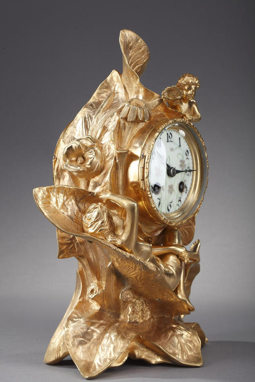 独角鹿西洋古董A.D. Mougin新艺术风铜鎏金底座圆形珐琅表盘座钟 商品图2