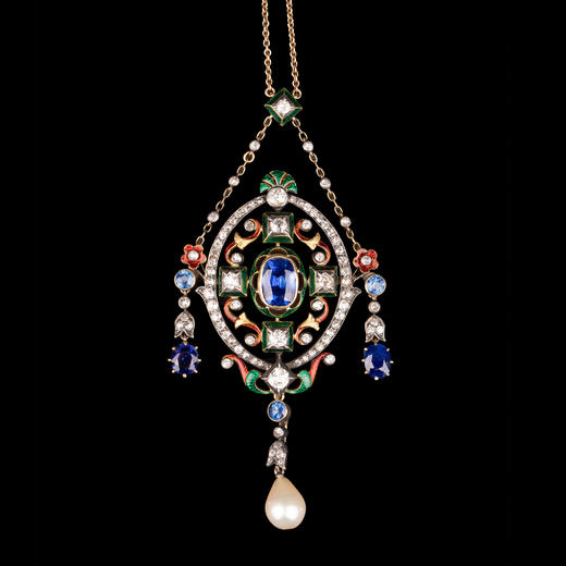 独角鹿西洋古董18K黄金镶嵌无烧蓝宝石钻石彩色珐琅珍珠流苏吊坠 商品图0