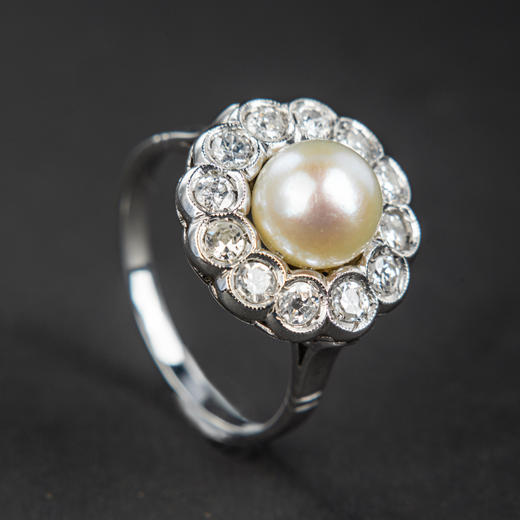 独角鹿西洋古董法国美好时代铂金镶嵌钻石天然珍珠玛格丽特款戒指 商品图3