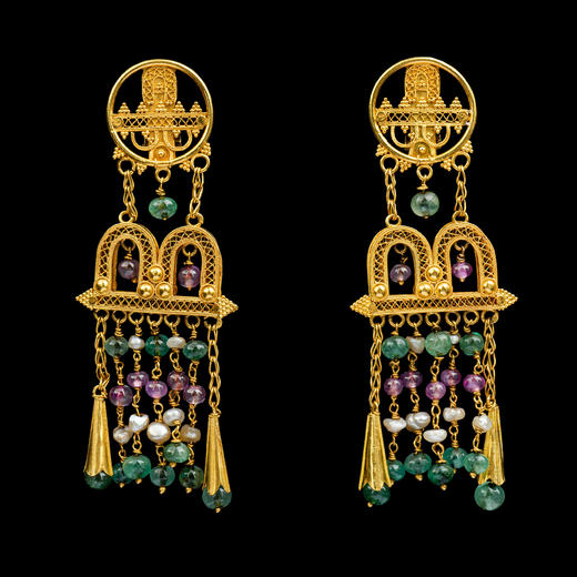 独角鹿西洋古董珠宝希腊18K金镶祖母绿粉色蓝宝石珍珠耳坠耳环 商品图4