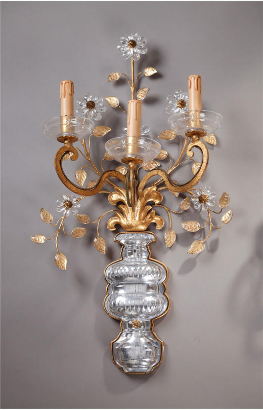 独角鹿西洋古董意大利BANCI工坊出品黄铜鎏金水晶壁挂烛台一对 商品图2