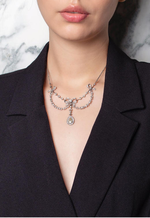 独角鹿西洋古董珠宝首饰美好时代铂金镶嵌钻石缎带蝴蝶结花环项链 商品图1