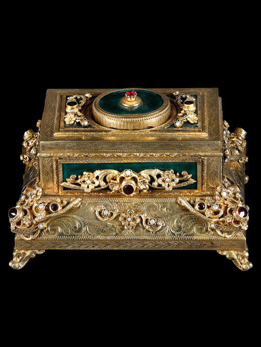 独角鹿西洋古董洛可可风格银鎏金镶珍珠半宝石绿珐琅鸣鸟八音盒 商品图1