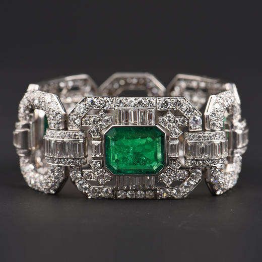 独角鹿西洋古董Mauboussin铂金镶嵌哥伦比亚祖母绿钻石宽手链手镯 商品图4