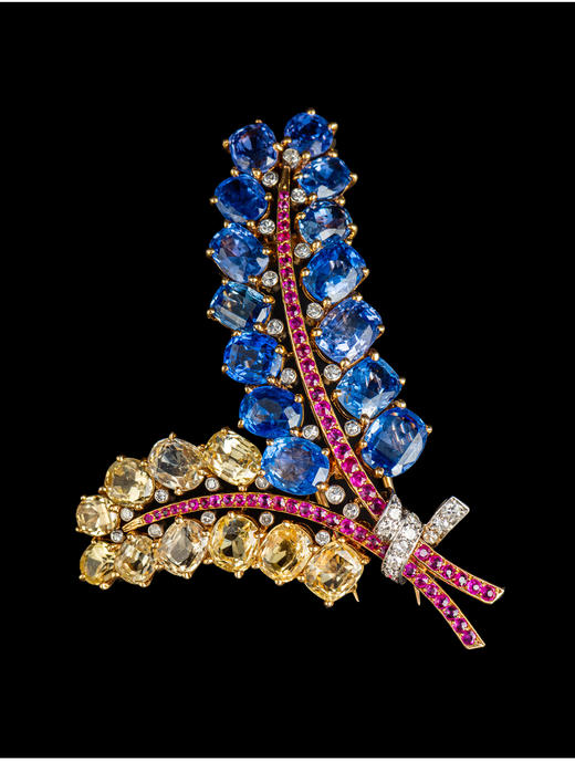 独角鹿西洋古董Mauboussin联名18K金镶蓝宝石红宝石钻石花束胸针 商品图2